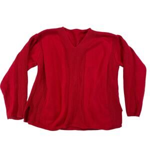 Vintage Talbots Red V-Neck Ribbed Knit Sweater Side Slits Women L Drop Shoulder